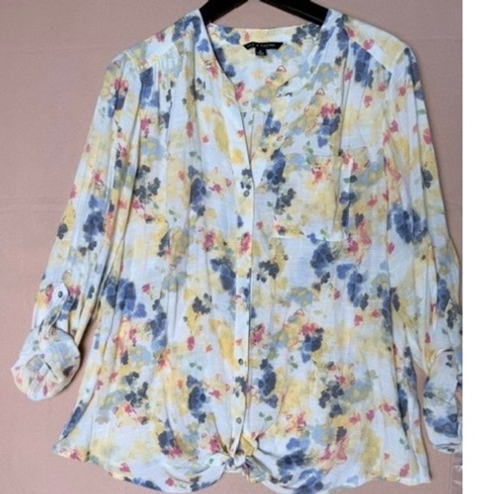 Zac & Rachel Floral Blouse Womens XL Blue Yellow Roll Tab Sleeve Button Front